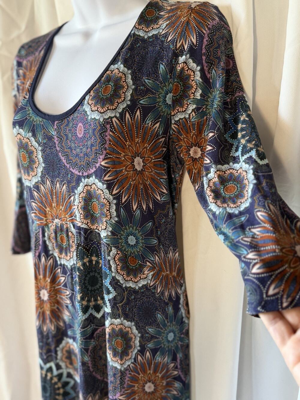 Salaam Boho Mandala Floral Maxi Dress Womens L 3/4 Sleeve Art To Wear Earthy